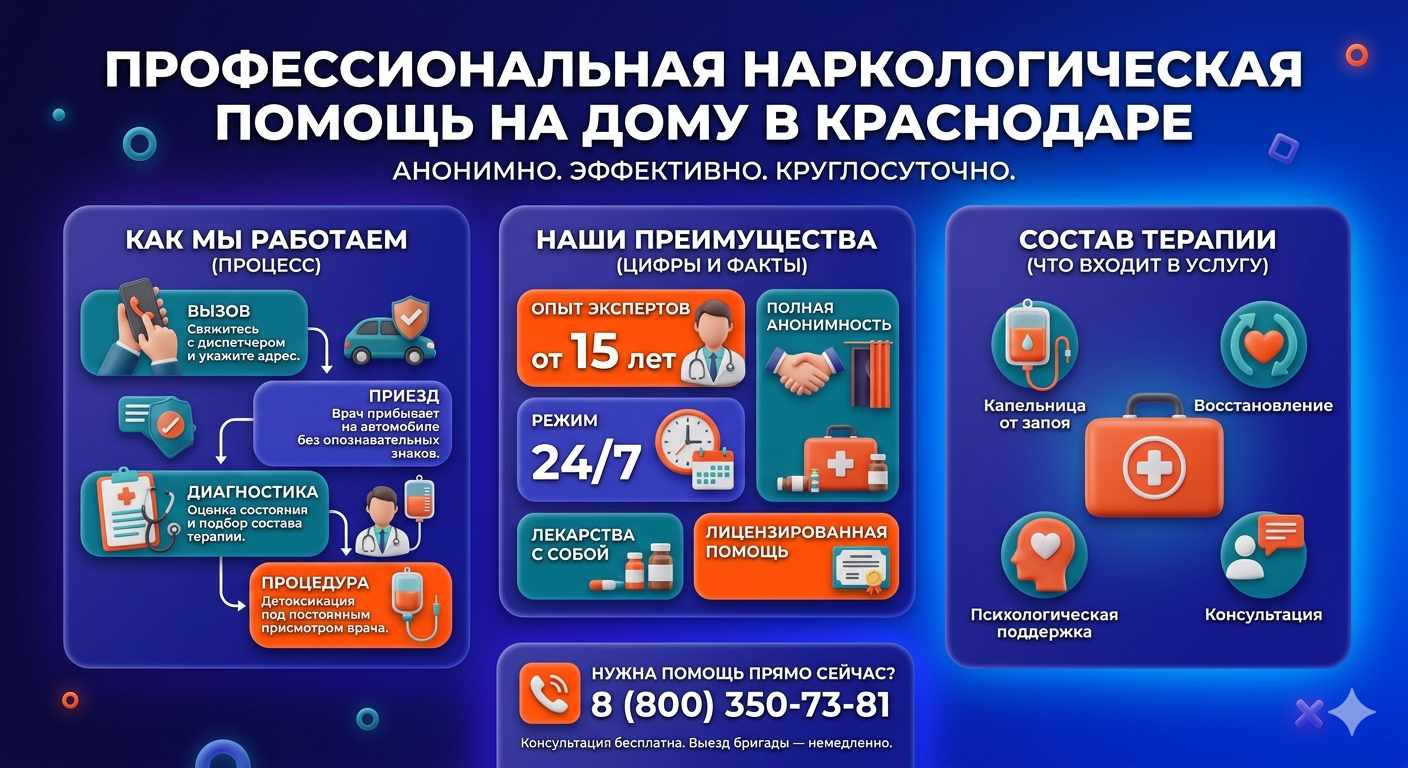 Инфографика о принципах лечения алкоголизма на дому в Балтийске: этапы вызова нарколога, преимущества анонимной детоксикации и состав медицинской помощи.
